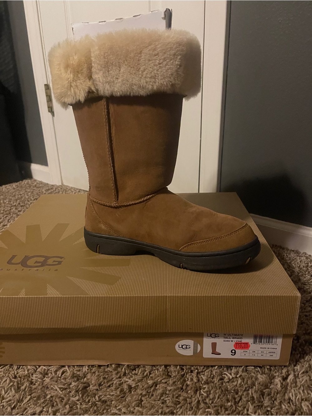 UGG Chestnut Suede Tall Shearling Boot with Stitch Back